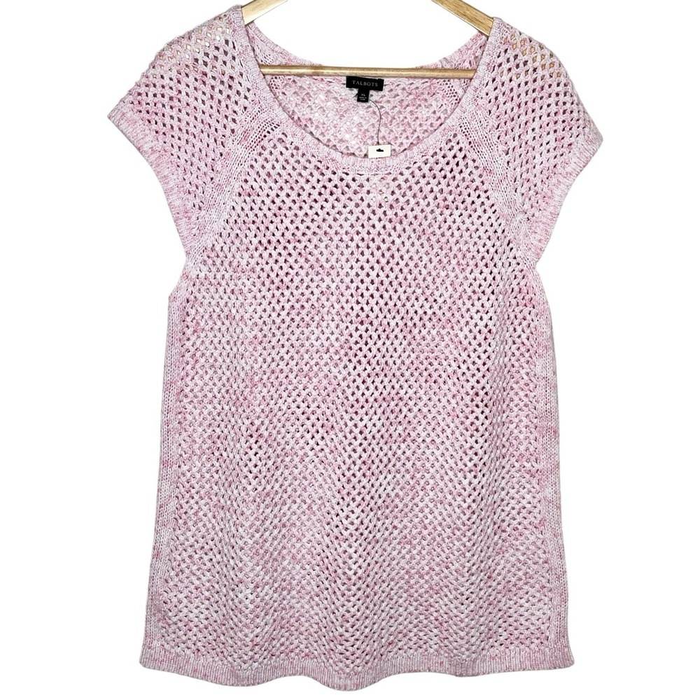 Talbots Crochet Open Knit Top Pink Womens XL Sheer Short Sleeve Cottagecore